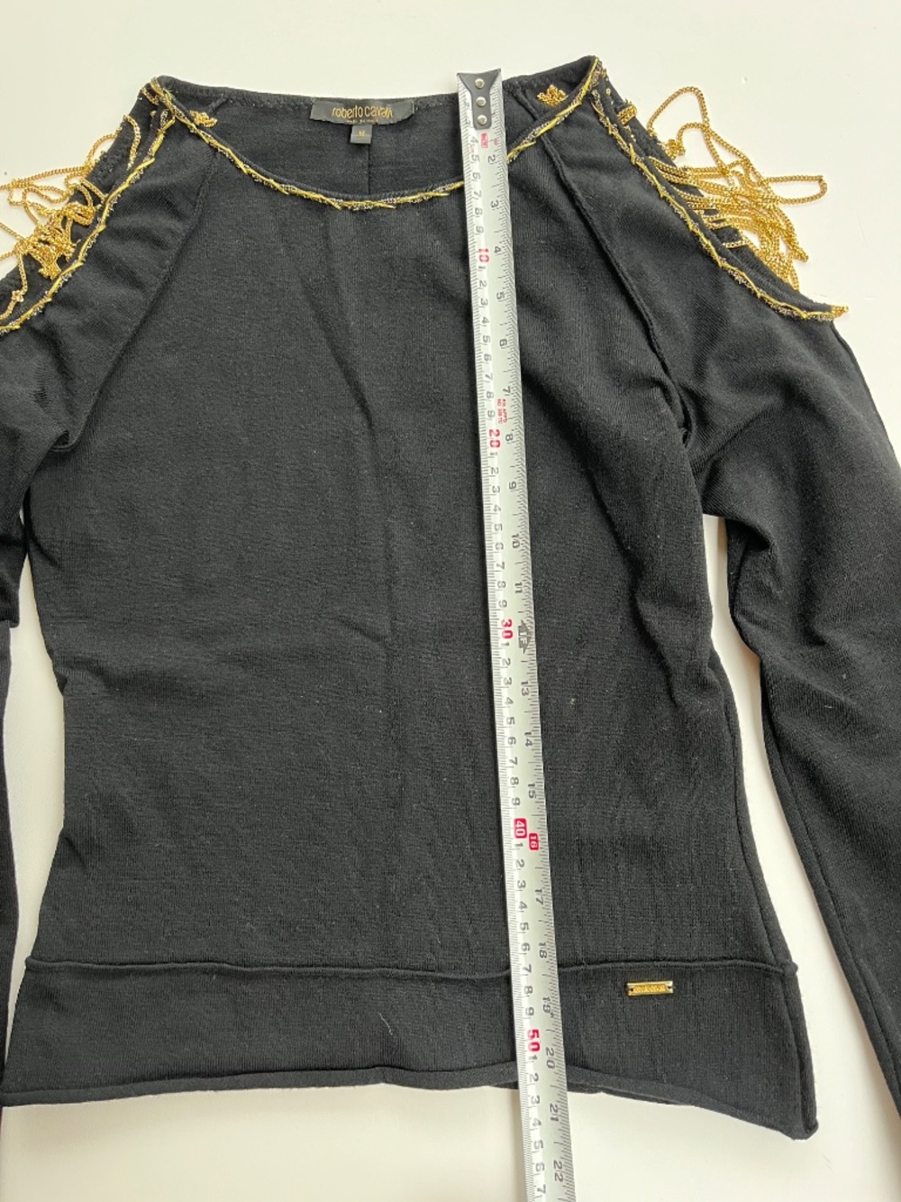 Roberto Cavalli cold-shoulder black wool top gold-tone chain sz Medium - Picture 12 of 15